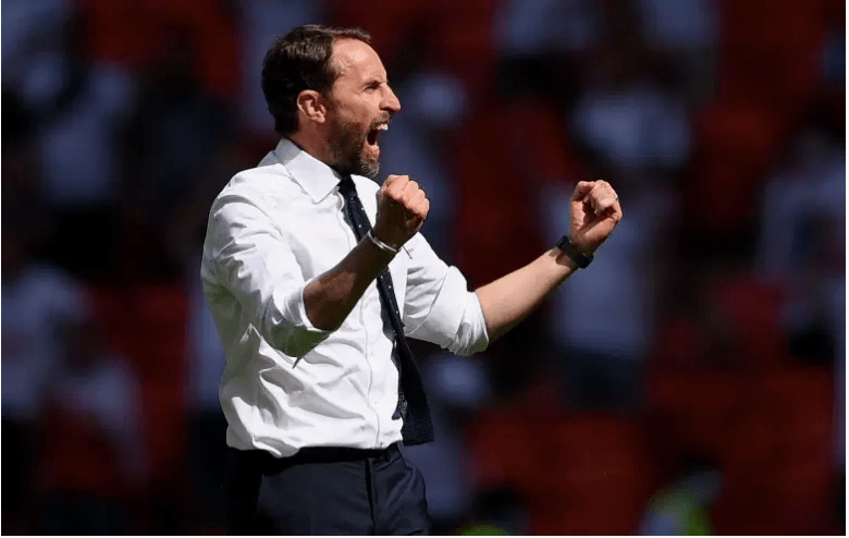 Gareth Southgate, England coach celebrates after victory in the UEFA Euro 2020 Championship Group D match between England and Croatia at Wembley Stadium on June 13, 2021 in London, England.  (Photo by Laurence Griffiths / Getty Images)