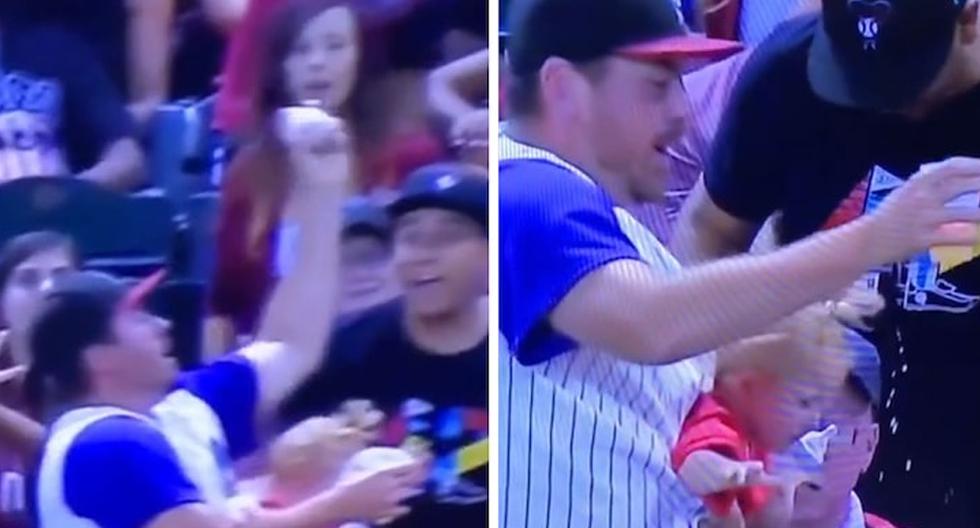 Hero or villain? A man catches a baseball without dropping his beer glass, but his baby almost fell