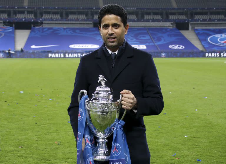PSG president Nasser Al Khelaifi celebrates after winning the French Cup, that Paris Saint-Germain beat him & # xf3;  to Monaco at the Stade de France on May 19