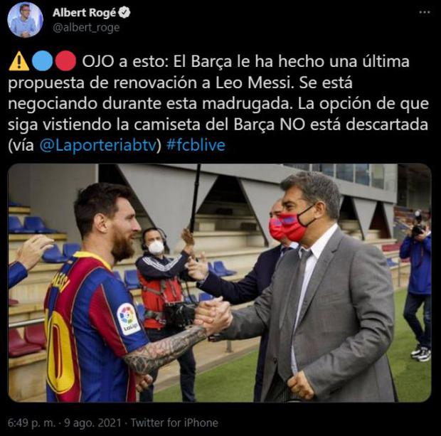 FC Barcelona sent one last proposal to Lionel Messi to continue at FC Barcelona. (Capture: Twitter)