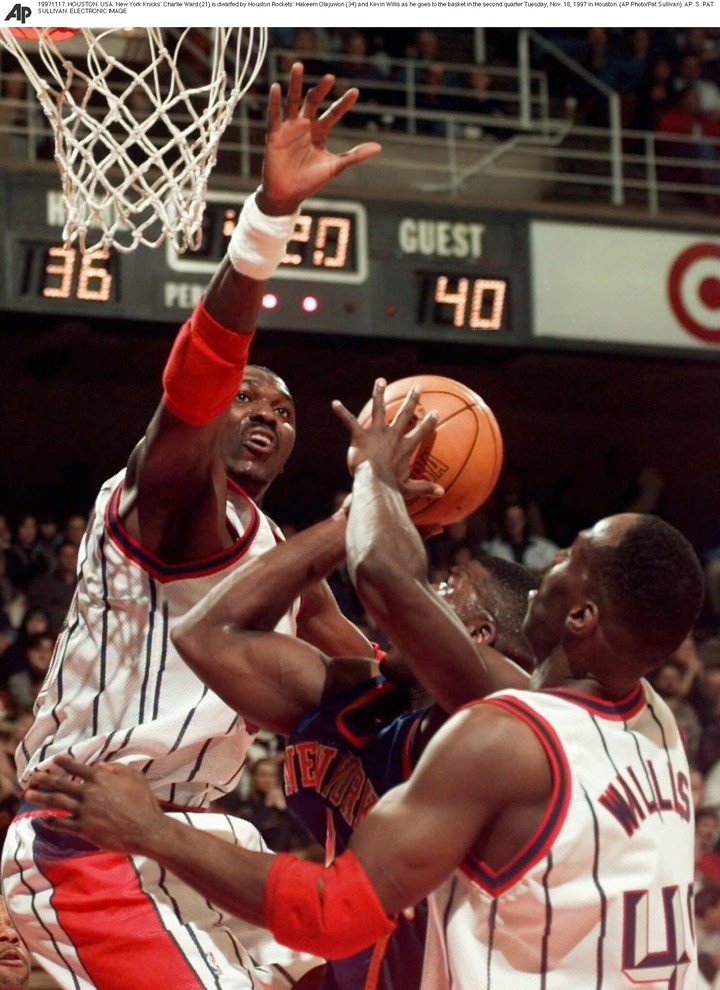Olajuwon in action: He is the player with the most blocks in the NBA.  AP