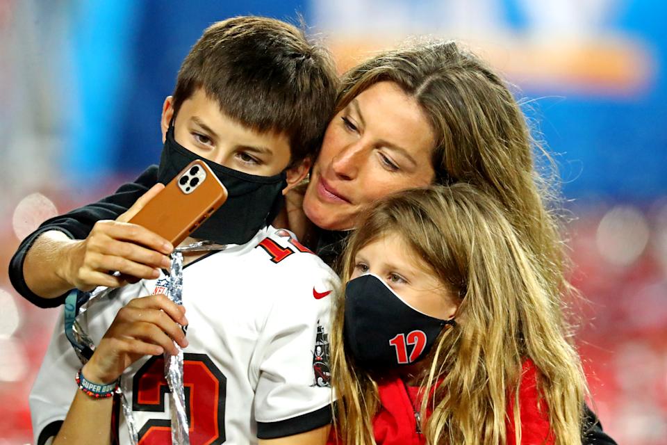 Tom Brady's wife Gisele Bundchen takes a selfie with their children Benjamin and Vivian after the Tampa Bay Buccaneers beat the Kansas City Chiefs in Super Bowl LV at Raymond James Stadium. Mandatory Credit: Mark J. Rebilas-USA TODAY Sports