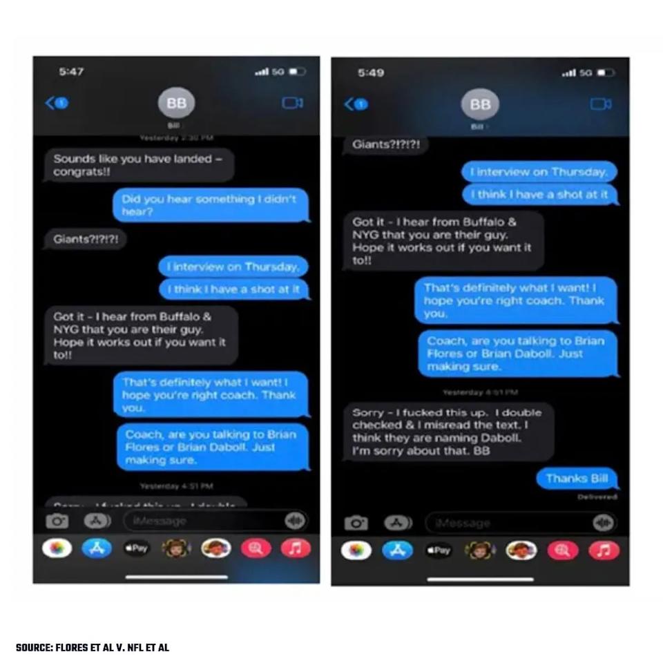 Screenshots of a conversation via text messages between New England Patriots coach Bill Belichick and now former Miami Dolphins coach Brian Flores, where the former reveals, by mistake, that he did not hireána Flores in the position of head coach of the New York Giants.