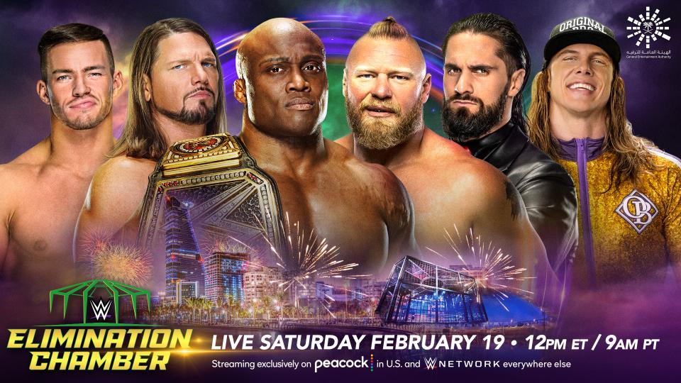 Austin Theory, AJ Styles, Bobby Lashley, Brock Lesnar, Seth Rollins and Riddle in promotional image of Elimination Chamber 2022 - WWE