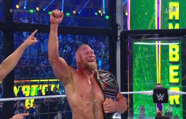 Brock Lesnar wins the WWE Championship in Elimination Chamber