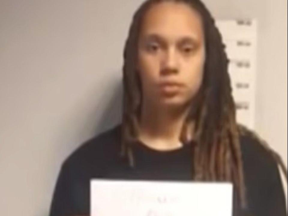 WNBA star Brittney Griner appears in a photo released by Russian authorities following her arrest in Moscow.  Griner isá  accused by Russian law enforcement of trying to transport drugs (Screenshot)