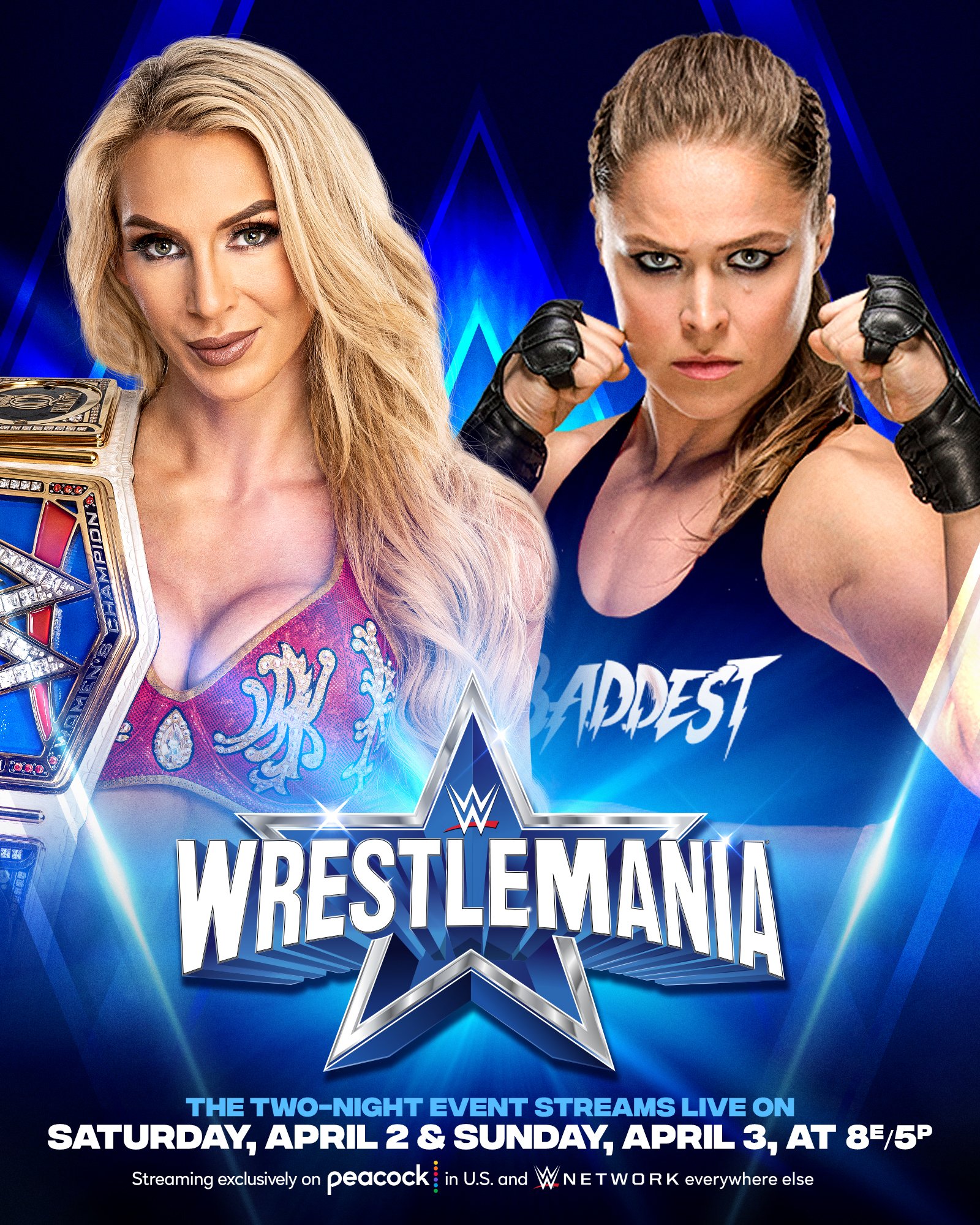 Promotional image of Charlotte Flair vs. Ronda Rousey from WrestleMania 38 - WWE