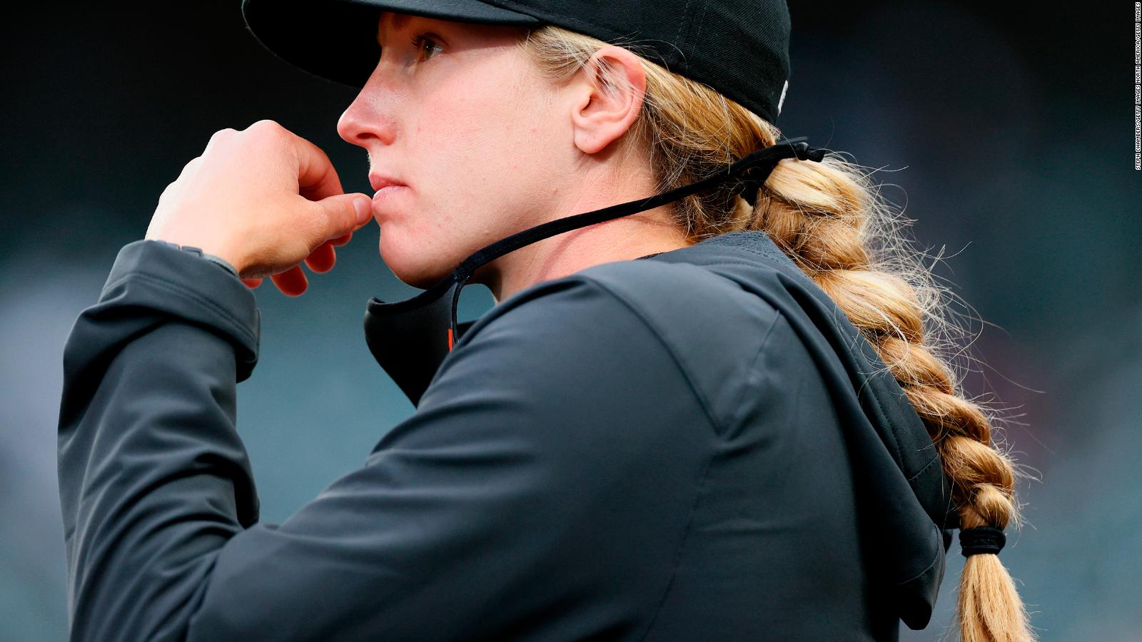 1649894589 A woman directs a Major League game on the field