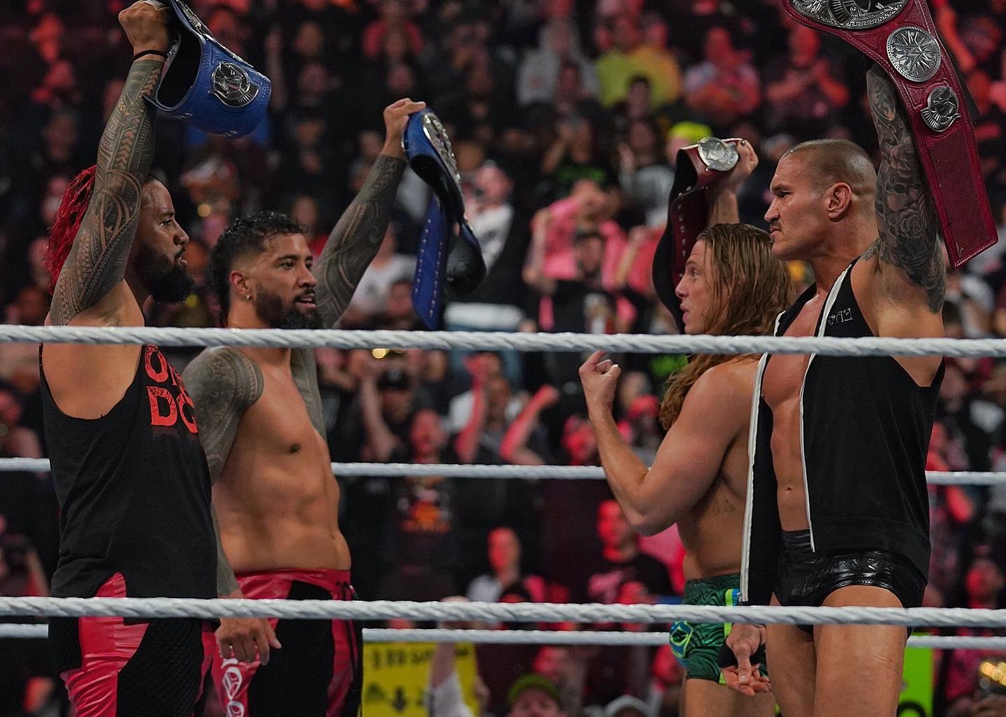 Randy Orton and Riddle (Raw Tag Team Champions) face to face with The Usos (SmackDown Tag Team Champions)
