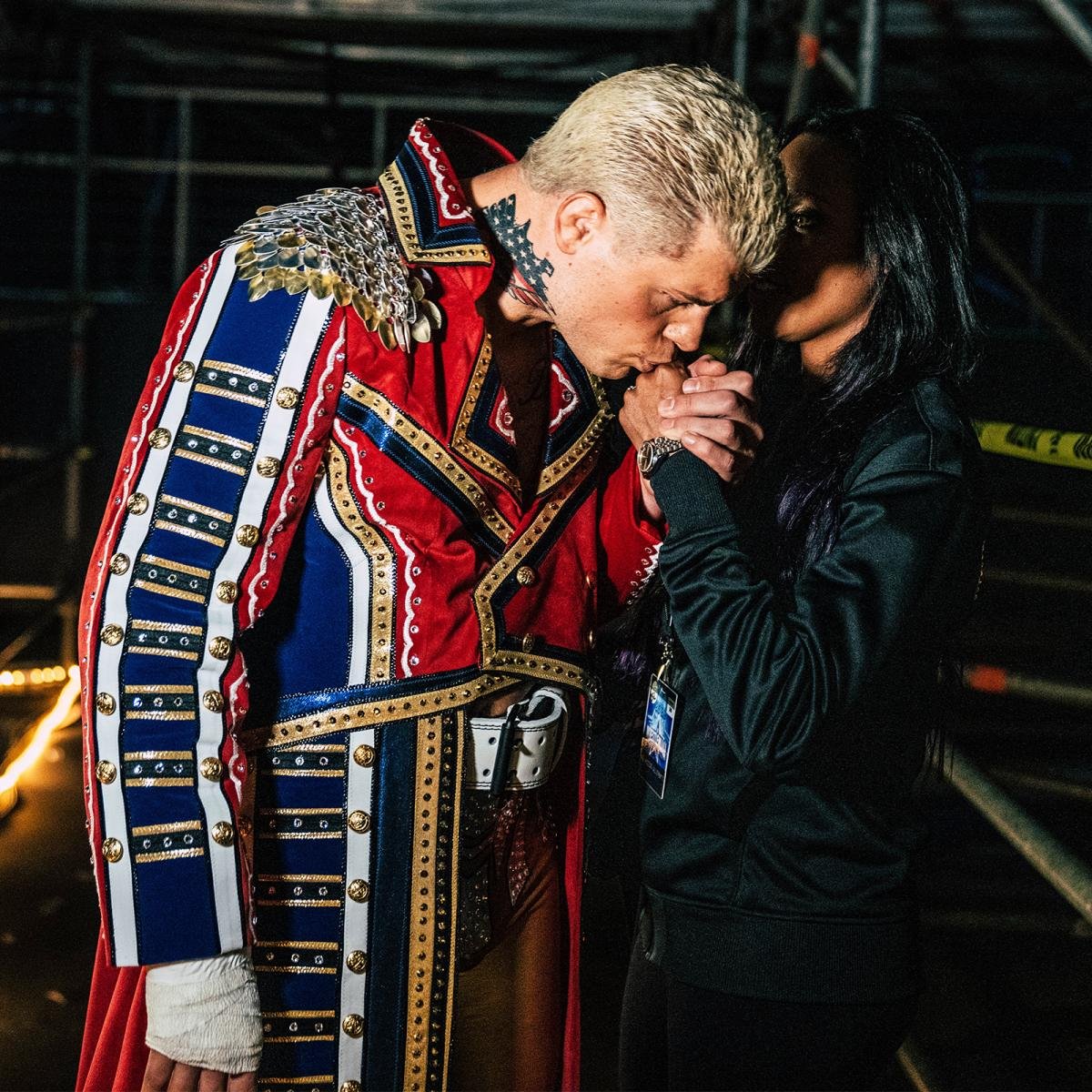 Cody Rhodes kissing Brandi Rhodes' hand before entering WrestleMania 38