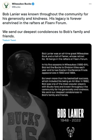 The Bucks fired Bob Lanier, legendary basketball player and multi-champion with the franchise, who died this Wednesday at the age of 73.