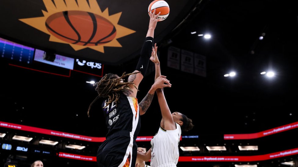 Brittney Griner #42 of the Phoenix Mercury in a game against the Chicago Sky in Phoenix Arizona, 2021