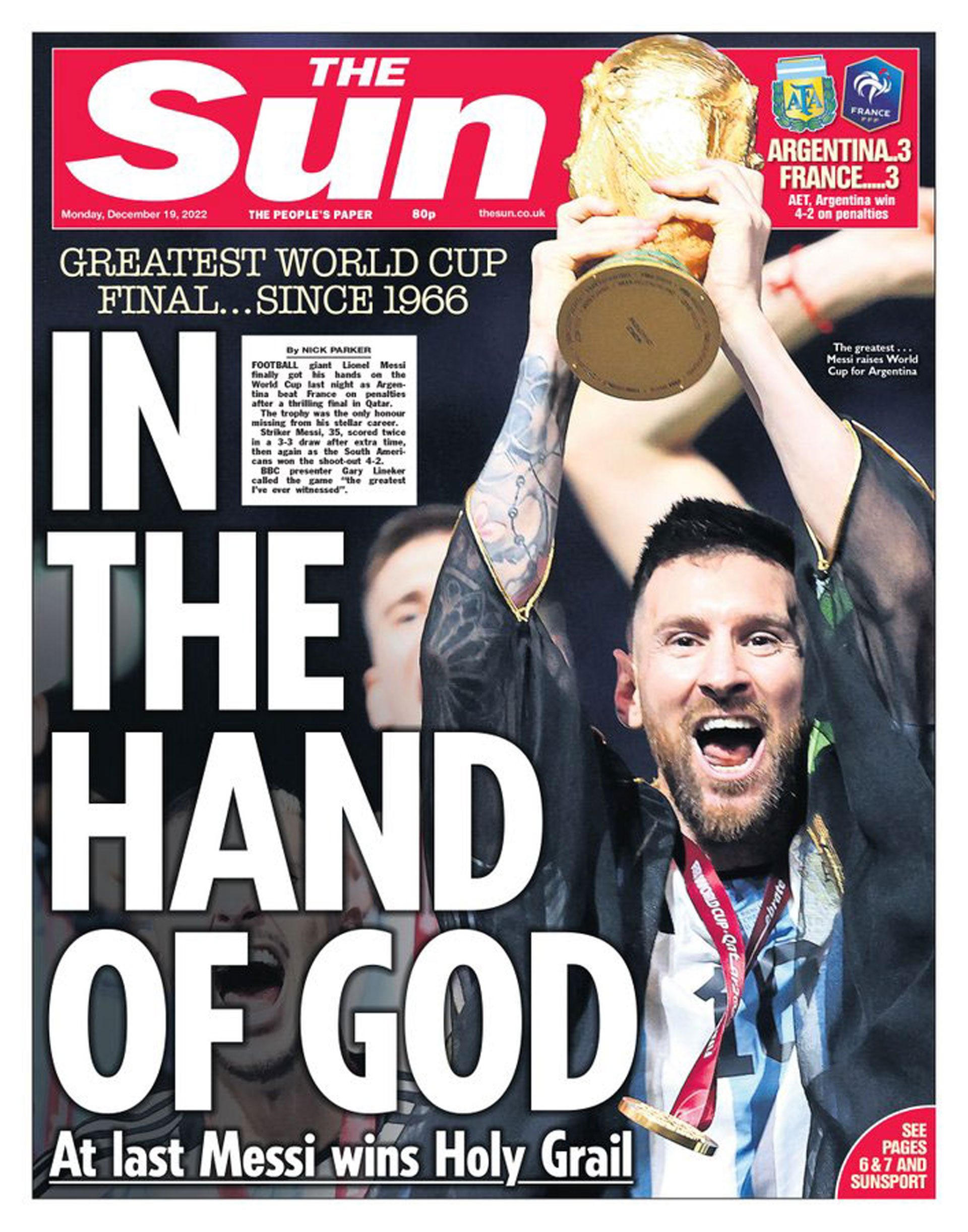 The cover of The Sun with the coronation of Argentina in the Qatar 2022 World Cup